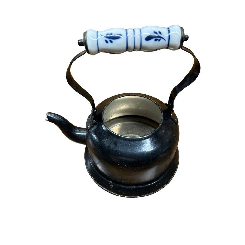 Vintage Black Metal Teapot With Ceramic Handle & Spout